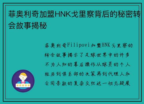 菲奥利奇加盟HNK戈里察背后的秘密转会故事揭秘